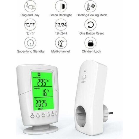 Programmierbares drahtloses Smart-Thermostat-Set, angeschlossene Steckdose, Steuerung per LCD-Display, einstellbare Temperatur 0-60°C