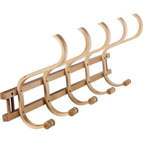Portemanteau mural en bois 5 crochets naturel 72x21x30 cm, bois : bouleau/┴lam (1/4)