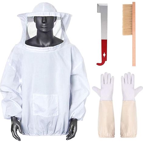 Kit de Protection Apiculture Veste de Protection Apiculteur avec Voile Gants en Peau de Mouton Brosse à Abeilles et Levier de Ruche Matériel d'Apiculture Professionnel