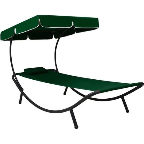 Chaise longue de jardin avec auvent et coussins verts (1/5)