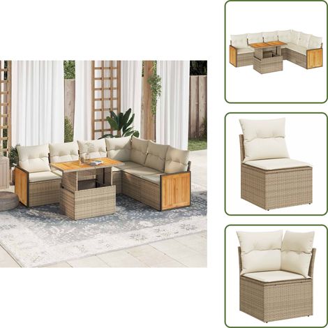 7-tlg. Garten-Sofagarnitur mit Kissen Beige Poly Rattan Akazie - Gartensofa Set - Garten Sofa Set - Outdoor Sofa Set - Garten Sofagarnitur (1/5)