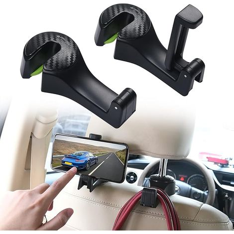 Auto Kopfstützen Haken, 2 Stück 2 in 1 Autositzhaken mit Handyhalterung 360° Versteckter Haken Drehbar Einstellbar Multifunktionaler Auto Haken Auto Kopfstütze Handyhalter für Autozubehör