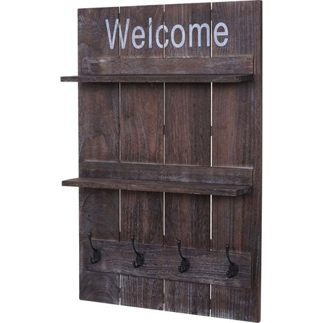 Wandgarderobe HHG-917 Welcome, Garderobe Garderobenpaneel, Shabby-Look Vintage, 90x60cm braun, shabby