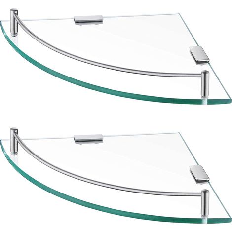 Étagère Murale Étagère d'angle en Verre Étagère Salle de Bain Douche Tablette Étagère en Verre Trempé avec Porte Serviette 2 Pièces Acier Inoxydable SUS304 Brossée (1/5)