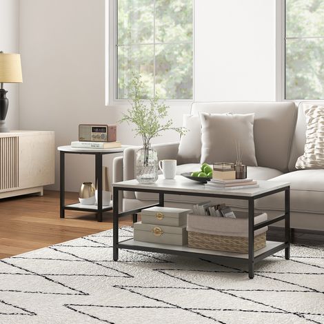 Couchtisch-Set, 2 Beistelltische, Marmoroptik, verstellbare Füße, Stahl, Schwarz/Weiß