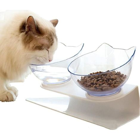Comedero doble para gatos con soporte elevado. Comedero para gatos domésticos. Base antideslizante inclinada a 15°. Protege las vértebras cervicales. Plato extraíble. (1/5)