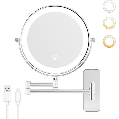 Wall Mounted Cosmetic Mirror with Illumination Magnification Rechargeable Color Light Brightness Touch Control Chrome Bathroom Magnifying Mirror (1/5)