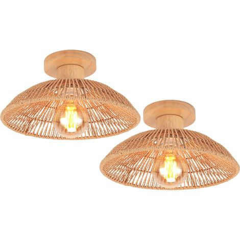Lot de 2 Plafonnier Rotin Bois E27 Vintage Design Bohème Salon Chambre Couloir (1/5)