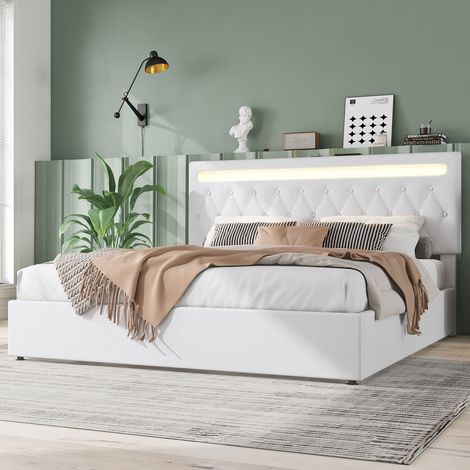 Lit coffre rembourré 180x200 cm blanc avec éclairage led – lit hydraulique blanc led avec port usb et rangement (1/5)