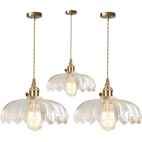 3x Lustre Moderne en Verre Transparente,Lampe Suspension Reglable Vintage Abat-jour Design Fleur avec Interrupteur,ligne 1.5M (1/5)