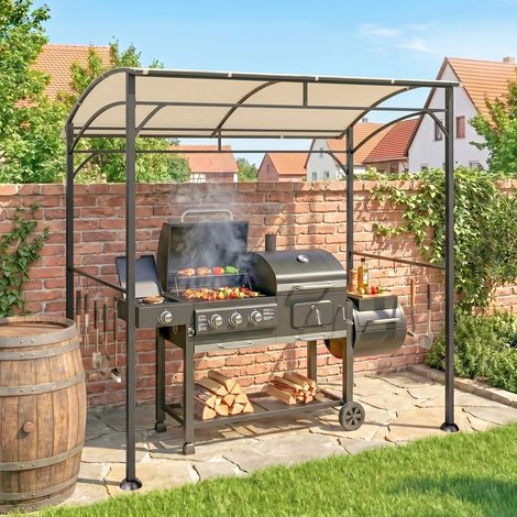 Pavillon de barbecue, auvent pour barbecue, protection contre la pluie, crochets pour ustensiles, structure en acier, beige et noir, 215 x 150 x 182/220 cm (1/5)