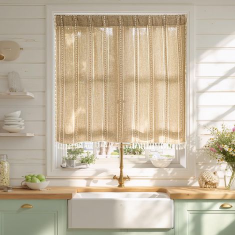 Rideaux bohème 91,4 cm pour café, Cuisine, Porte, Placard, Traitement de fenêtre Court en Lin Rustique Chic avec Passe-Tringle - 1 Panneau de 132,1 x 91,4 cm (l x L), Naturel (1/5)