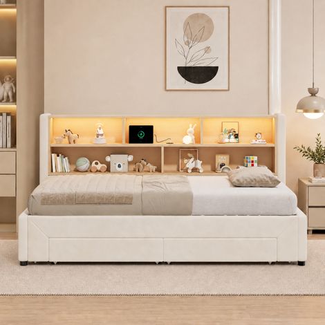 Canapé-lit capitonné convertible 90x200 cm, extensible 180 cm, coffre de rangement 2 tiroirs, velours beige, éclairage LED et port USB intégrés (1/5)