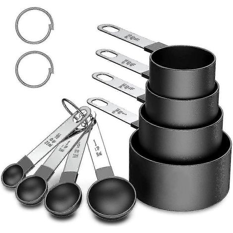 Messbecher- und Löffelset, 8-teilig, stapelbar, Edelstahlgriff, präziser Esslöffel zum Abmessen von trockenen und flüssigen Zutaten, kleiner Teelöffel-Black