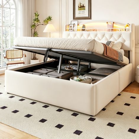 Lit velours beige 140x200 avec coffre hydraulique, tête de lit lumineuse LED, ports USB et USB-C intégrés, rangements latéraux, sommier en métal, capitonné, design moderne (1/5)