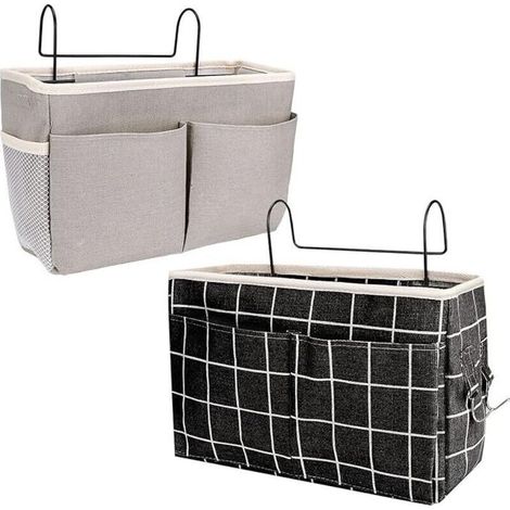 [JAMAIS UTILISÉ]Organisateur de Chevet 2 PCS Sacs de Chevet Panier Suspendu Rangement Sac de Rangement Suspendu Étanche avec 3 Poches Rideau Lit Mezzanine (Gris + Noir Grille) (1/4)