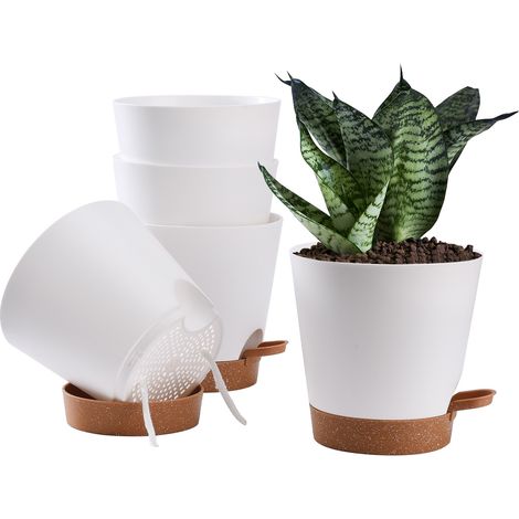Ensemble de 5 pots de fleurs blancs en plastique pour jardinage intérieur et extérieur (1/5)