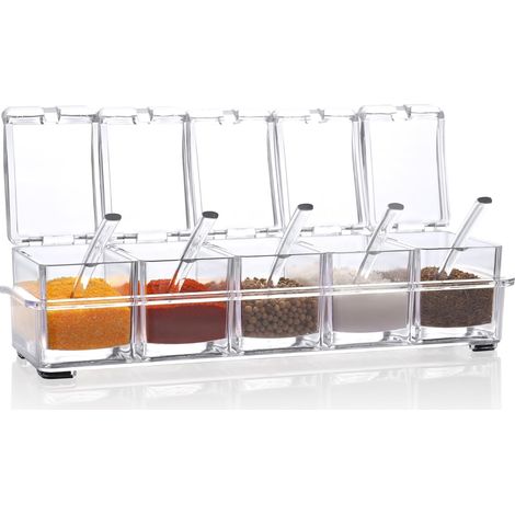Lot de 5 boites a epices transparentes avec cuilleres pour sel sucre condiments rangement cuisine (1/5)