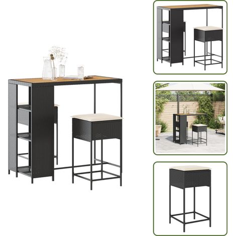 The Living Store 3-tlg. Gartenbar-Set mit Kissen Schwarz Poly Rattan - Gartenbar-Set - Outdoor-Möbel - Esstisch - Barhocker - Rattanmöbel (1/5)