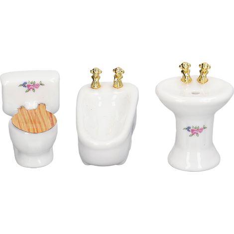 3 Pièces Salle de Bain Miniature Maison de Poupée Céramique Baignoire Toilette Lavabo 1/24 Meubles Salle de Bain à Fleurs (1/5)