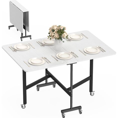 Table pliante pour 4 à 6 personnes avec 2 rabats et roulettes avec freins, 120 x 80 x 73 cm, bois blanc