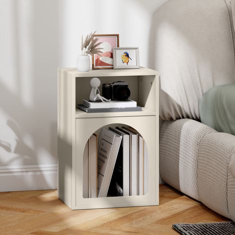 Schmaler Nachttisch mit 2 offenen Fächern, bogenförmiges Design, 40 x 30 x 60 cm, Creme