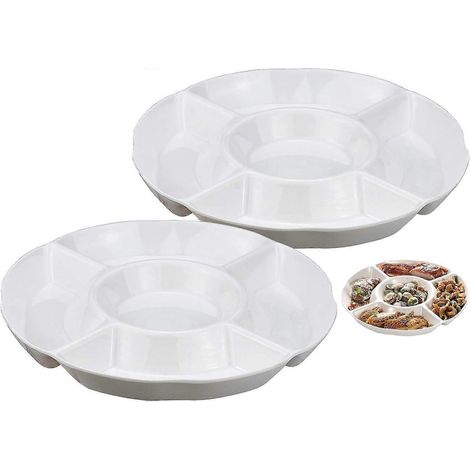 Lot de 2 assiettes à goûter, assiette en plastique à 5 compartiments pour fruits ou bonbons - 25 x 3 cm, blanche (1/5)