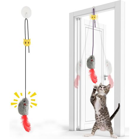 1 Jouet pour chat, Souris en peluche avec couinement, Queue en plumes, Corde élastique réglable, Pour porte et mur (1/5)