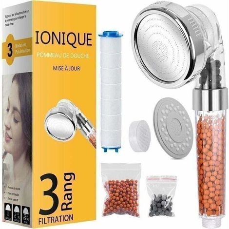 Pommeau Douche, Pommeau Douche Anti Calcaire Économiseur d'Eau, Pommeau de Douche Haute Pression Filtre à Trois Niveaux Système de Filtrage Ionique avec Filtre Coton PP Remplaçable (1/4)