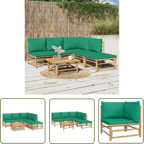 The Living Store 6-tlg. Garten-Lounge-Set mit Grünen Kissen Bambus - Bambus Möbel - Gartenloungeset - Outdoor Möbel - Gartenmöbel - Esstisch (1/5)