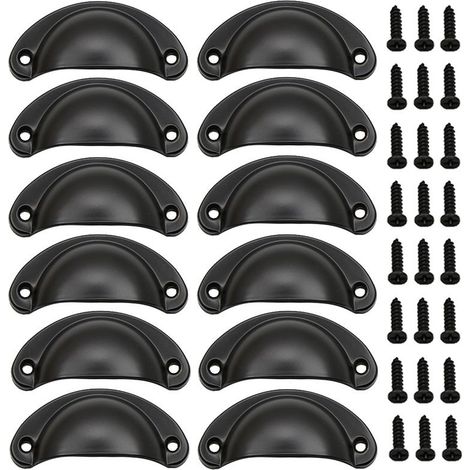 12Pcs - Noir Poignée de Coquille Vintage pour Tiroir Armoire Meuble Cuisine, Fer Incurvé Poignée de Tiroir Coquille 8.2 x 3.5 cm, Poignée de Meuble Vintage avec Vis