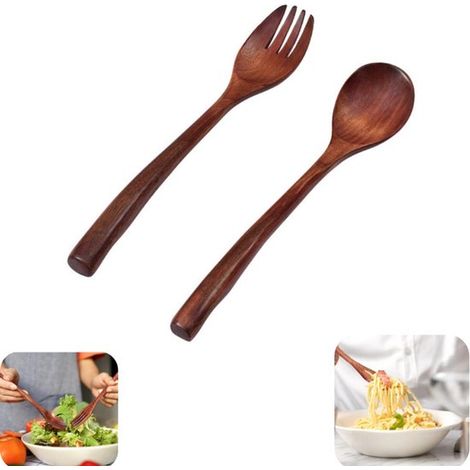 Couverts en bois 2 pièces - cuillères et fourchettes à fruits et salade pour cuisine, tailles assorties (1/5)