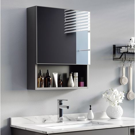Spiegelschrank Edelstahl Schwarz 46 cm, wandmontiert, mit 3 Ablagefächern und Spiegeltür (1/5)