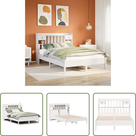 Sommier à lattes - Lit bibliothèque sans matelas blanc 135x190 cm bois pin massif (1/5)