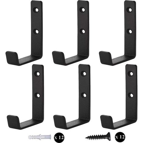 6Pcs Heavy Duty Wall Hooks, J Hooks for Garage, Black Universal Screw-in Hooks, Coat Rack, Strong Coat Hooks, for Hanging, Garage, Wall Mount for Bulky Items (1/5)