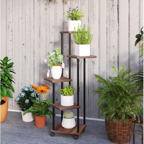 Scaffale portapiante a 5 livelli con ruote, 59 x 59 x 110 cm, acciaio e legno, nero DESVIAE (1/5)