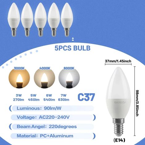 (5 ampoules, lumière blanche froide 6000K) Mini ampoules LED E14 C37, adaptées à l'éclairage des chambres, cuisines, hôtels et halls d'entrée. (1/5)