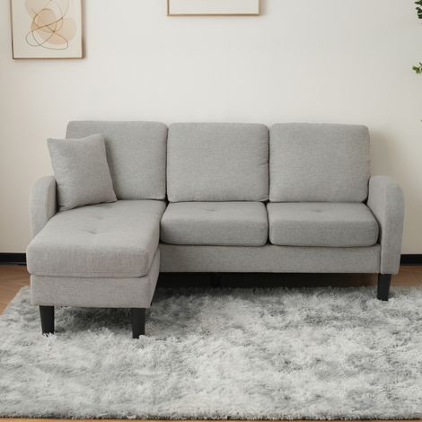 Canapé con chaise longue modular tejido algodón y lino gris 166x118x77 cm, 3 plazas reversible (1/5)