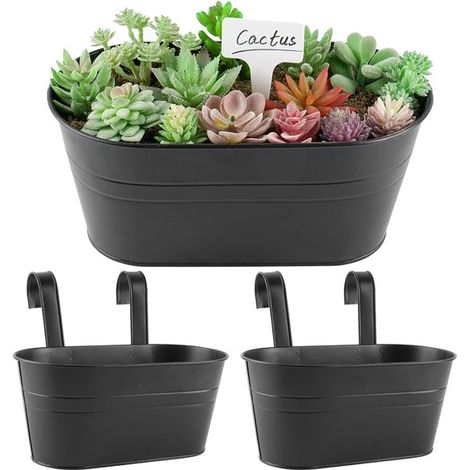 Lot de 2 jardinières suspendues ovales en métal, avec doubles crochets amovibles, pots pour clôture et balustrade, sans trou de drainage, pour plantes et fleurs, noir (1/5)
