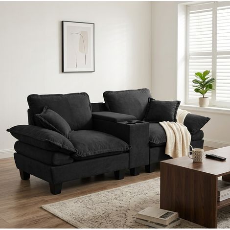 Canapé modulable avec USB, rangements et porte-gobelets, en chenille noir, 224x82x90 cm (1/5)