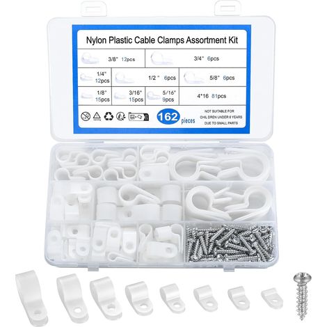 162Pièces Clips Cable deType R, Fixation Câble électrique, Clips de Gestion  Clips de Gestion de Câbles, R-Type Attache de Câble Nylon Plastique, pour Câbles électriques, Serre-fils, avec Vis - Blanc (1/5)