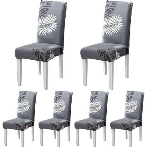 6-Piece Chair Cover Set (Grey Leaves), Dining Room Chair Covers, Stretchable Chair Covers for Modern Weddings, Hotels, and Restaurant Decor (1/5)