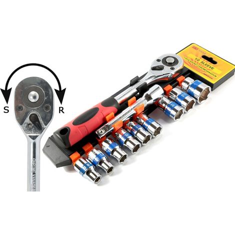 TRADE SHOP - Serie Chiave A Cricchetto Reversibile 1/2" Kit Da 11pz Con Bussole Esagonali - (1/3)
