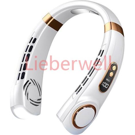Ventilateur tour de cou blanc rechargeable 4000mAh 5 vitesses LED USB,C autonomie longue silencieux lumières d’ambiance portable (1/5)
