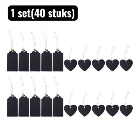 Set di 40 mini lavagne in legno rettangolari e a forma di cuore con corda - Nero (1/5)