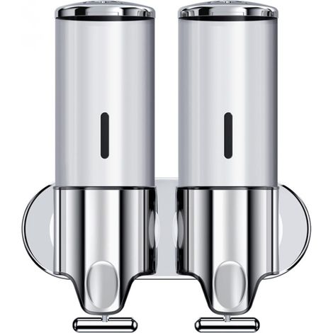 Distributeur de savon manuel mural, distributeur de savon à tirette, double barillet (1000 ml, argent) (1/5)