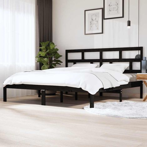 Cadre de lit 200 x 200 cm avec tête de lit, pin massif, noir, sans matelas - PANGIVO (1/5)