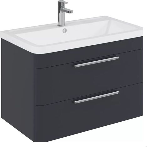 Balterley Calwich Contemporary Bathroom Wall Hung Vanity Unit with 2 Soft Close Drawers & 1 Tap Hole Ceramic Basin, Dark Grey, 800mm
