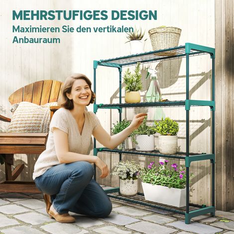 Lot de 2 jardinières sur pieds, 4 étagères, hauteur 104 cm, présentoirs à plantes pour intérieur et extérieur, finition acier vert foncé.