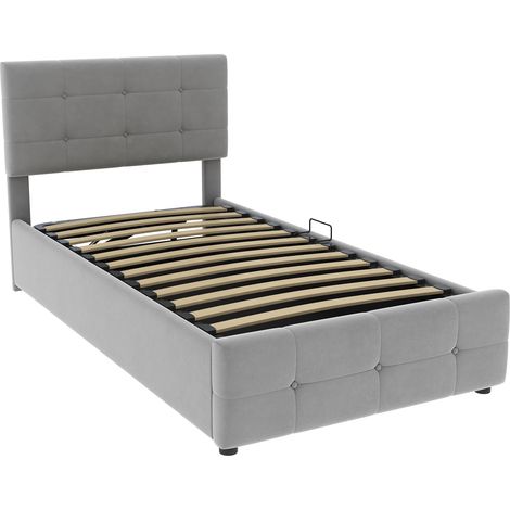 Lit rembourré pour enfant 90x200 cm, lit de rangement hydraulique, tête de lit réglable en hauteur, lit box simple haut, tissu velours, gris (1/5)